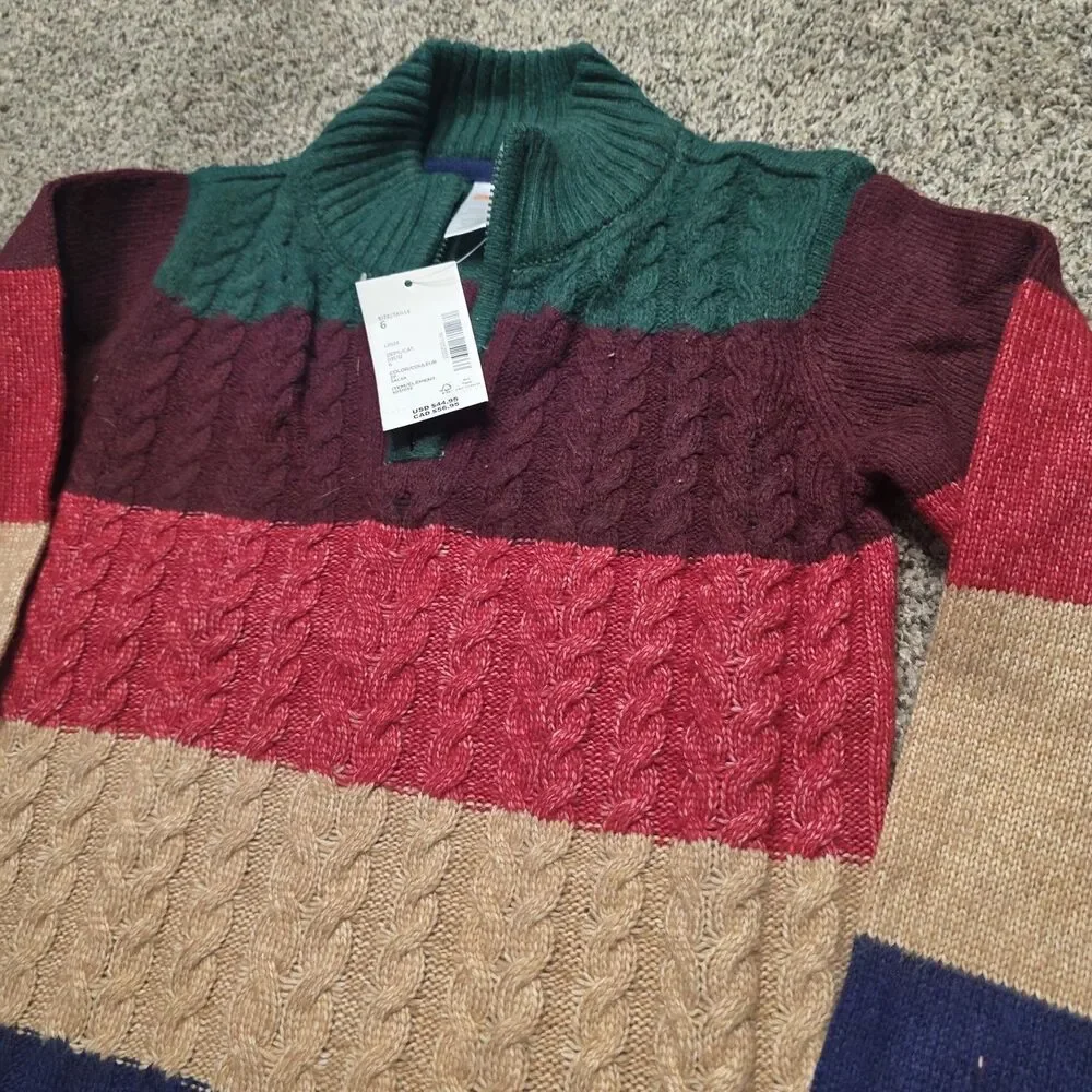 NWT Gymboree Boys Sweater Size 6 Multicolor Striped Cable-Knit 1/4 Zip